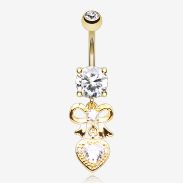 Golden Coquette Bow-Tie Heart Sparkle Dangle Belly Button Ring-Clear Gem